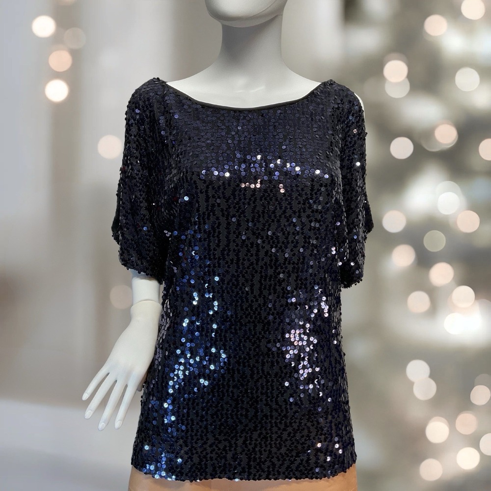Liliana Womens Starlight Navy Blue Dolman Sleeve Sequined Cold Shoulder Top Sz L